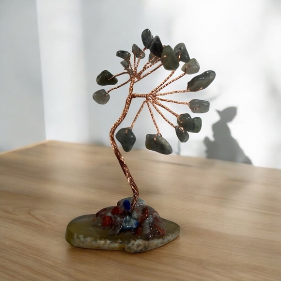 Labradorite Bonsai Copper Wire Tree on Agate 3.5in - Picture 1 of 4